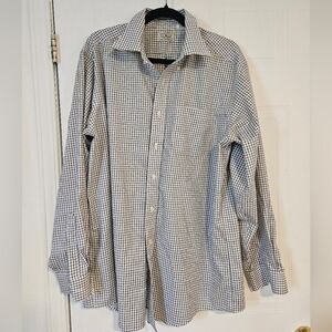L.L. BEAN MENS Large BUTTON UP SHIRT white blue PLAID LONG SLEEVE COTTON